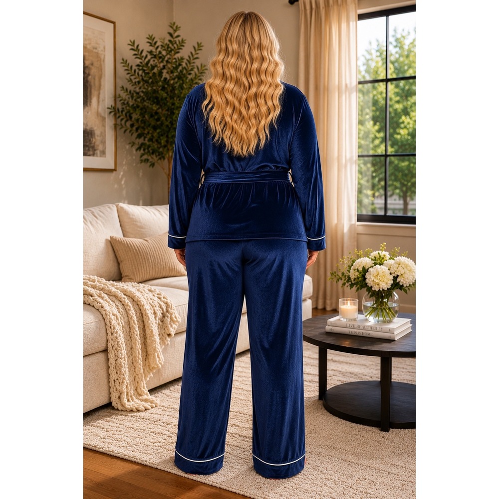 Navy Velour Pajama Set Plus Size 3X Soft Glam Lounge Sleepwear Luxury NWT - Picture 3 of 4